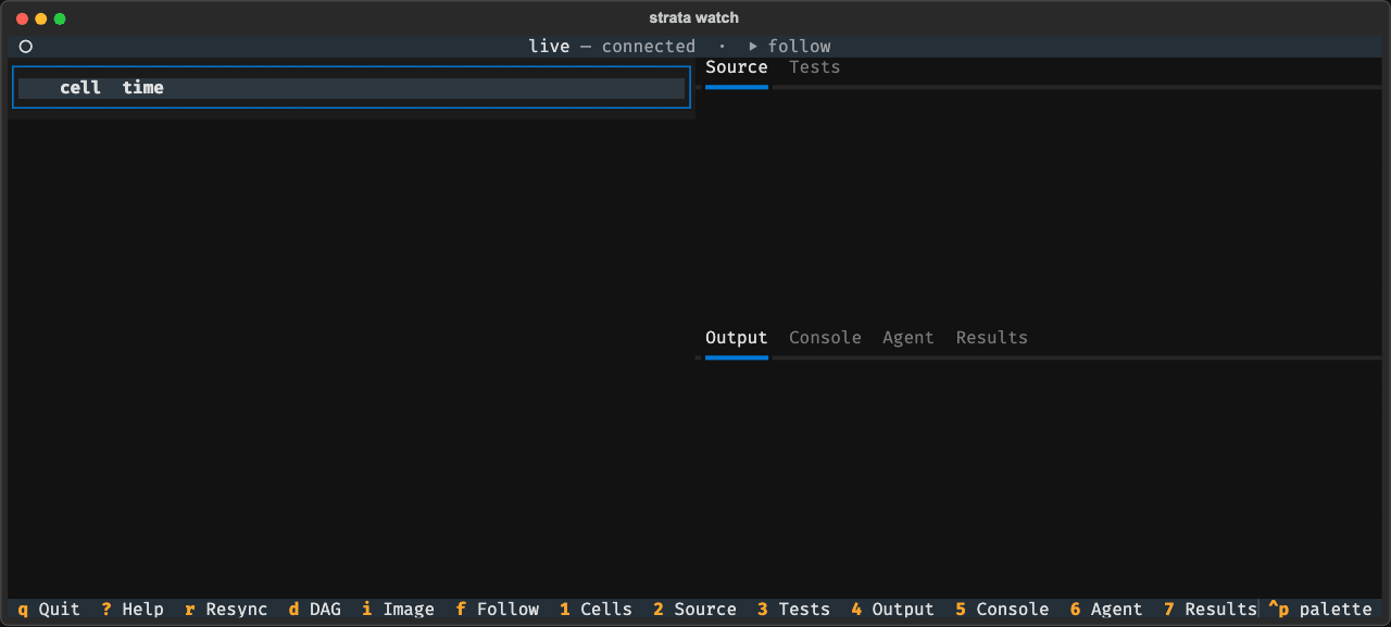 The terminal viewer over five moments: an empty notebook, a cell arriving,
that cell finishing in 1.0s with its output, a second cell arriving that reads
the first one's variable, and both cells green.